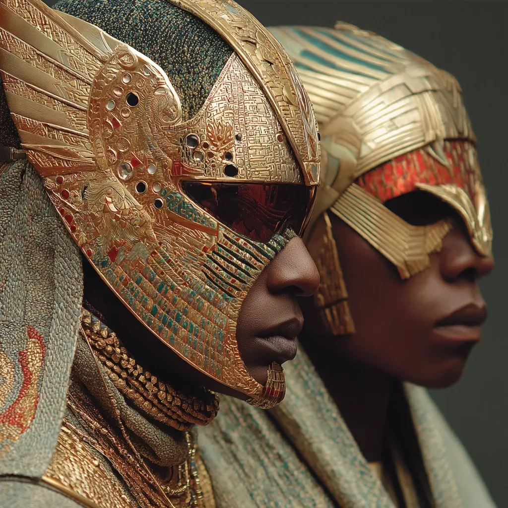 Close-up view of two individuals, their faces partially obscured by elaborate, ornate gold helmets.  The helmets are intricately designed with hieroglyphic-like markings and inlaid gemstones, suggesting an ancient Egyptian or pharaonic aesthetic.  The individuals appear to be of African descent, and their attire is equally opulent, featuring gold jewelry and draped fabrics. The image evokes a sense of power, mystery, and rich cultural heritage.