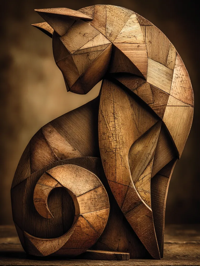 A stunning wooden sculpture of a cat, crafted in a cubist style.  The piece is composed of numerous interlocking pieces of wood, showcasing varying shades and textures of the grain.  The cat's form is simplified, yet expressive, highlighting the artist's skill in manipulating the natural material.  The overall effect is a striking blend of geometric precision and organic warmth.