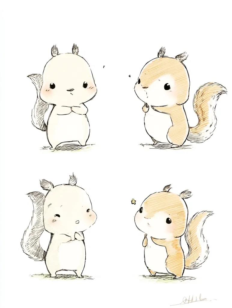 The illustration features four adorable cartoon squirrels in pairs.  Two light-colored squirrels stand with their arms crossed, appearing shy or hesitant.  Their counterparts, brown squirrels, stand with arms raised, seemingly curious or welcoming.  The style is simple, sweet, and reminiscent of children's book illustrations.  Each squirrel has large, expressive eyes.