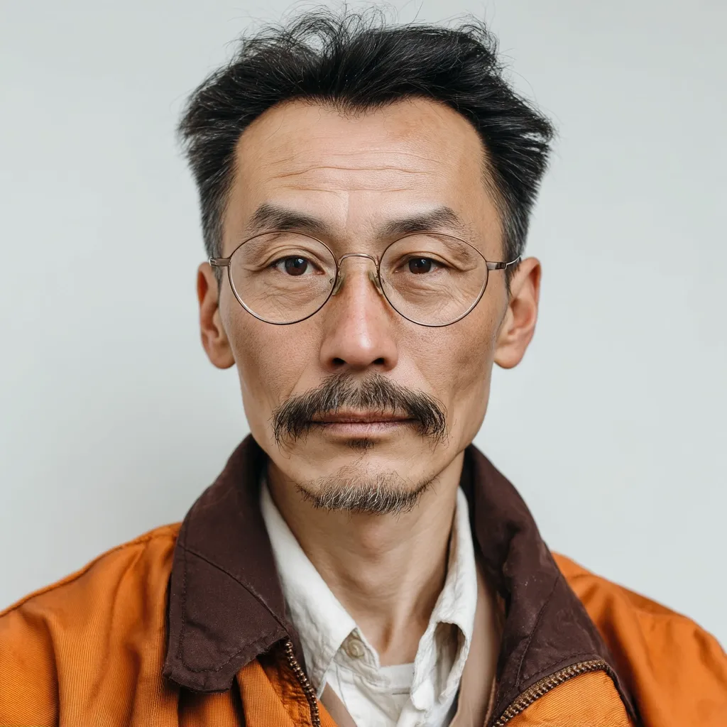 A close-up portrait of a middle-aged Asian man with dark hair, round glasses, and a neatly trimmed mustache.  He has a serious expression and is wearing an orange jacket with brown collar. The background is a plain light grey.  The overall impression is one of calm strength and quiet confidence.
