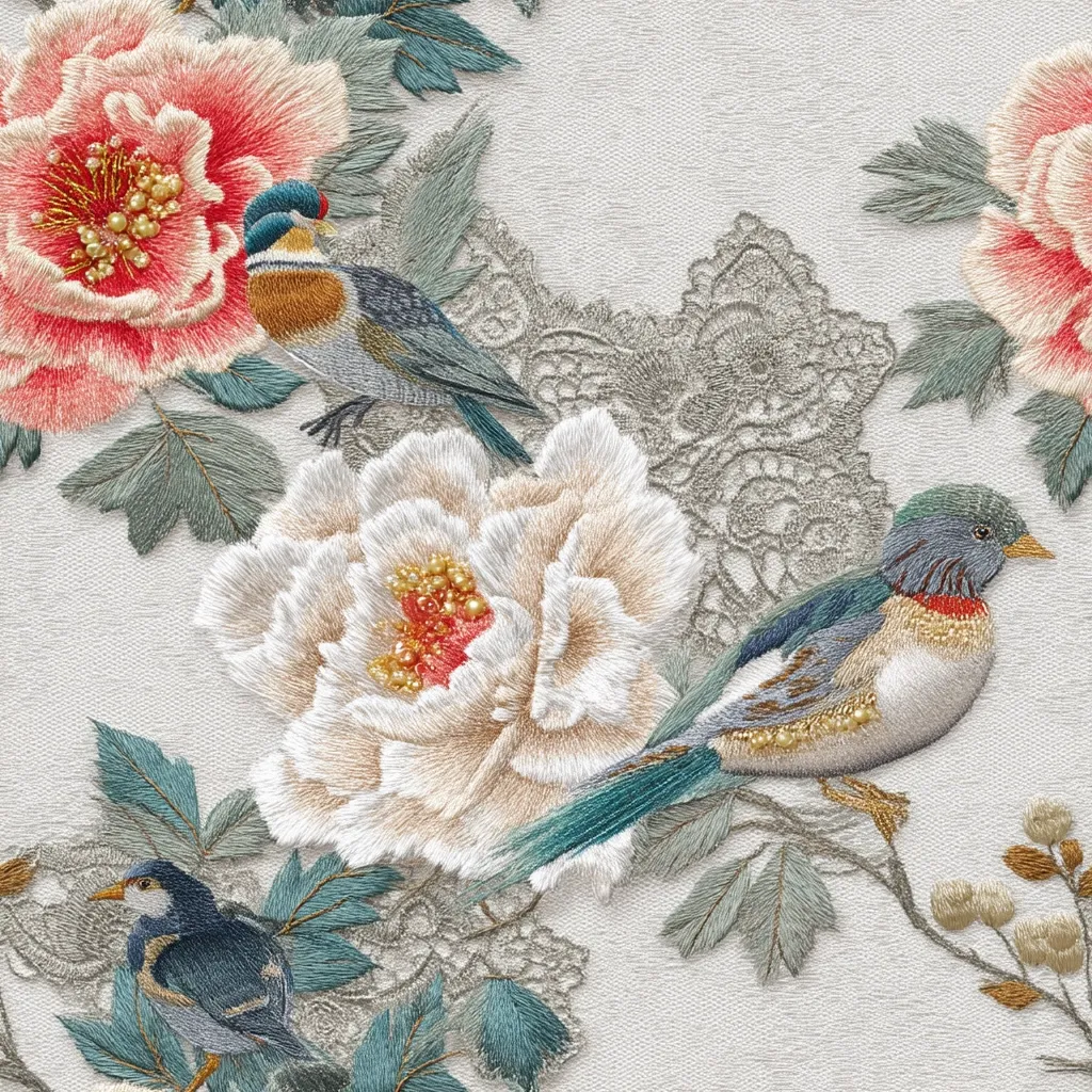 Intricate embroidery depicts a seamless pattern of delicate peonies and vibrant birds.  Soft pinks and creamy whites of the blossoms contrast with the teal and brown hues of the birds, adding visual depth.  A delicate lace pattern adds a layer of texture between the floral motifs, creating a refined and elegant textile design.  The realistic style of the embroidery showcases fine details in both the flowers and birds.