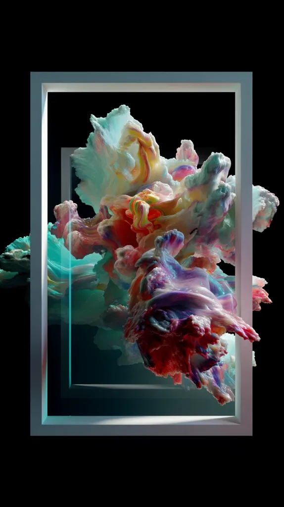 A vibrant, abstract artwork features a swirling mass of pastel and jewel-toned colors resembling a cloud or coral.  The colorful form is encased within a sleek, white rectangular frame, which itself is partially contained within a larger, similar frame, creating a layered effect. The dark background accentuates the bright, almost luminous quality of the central element.  The piece evokes a sense of movement and organic fluidity.