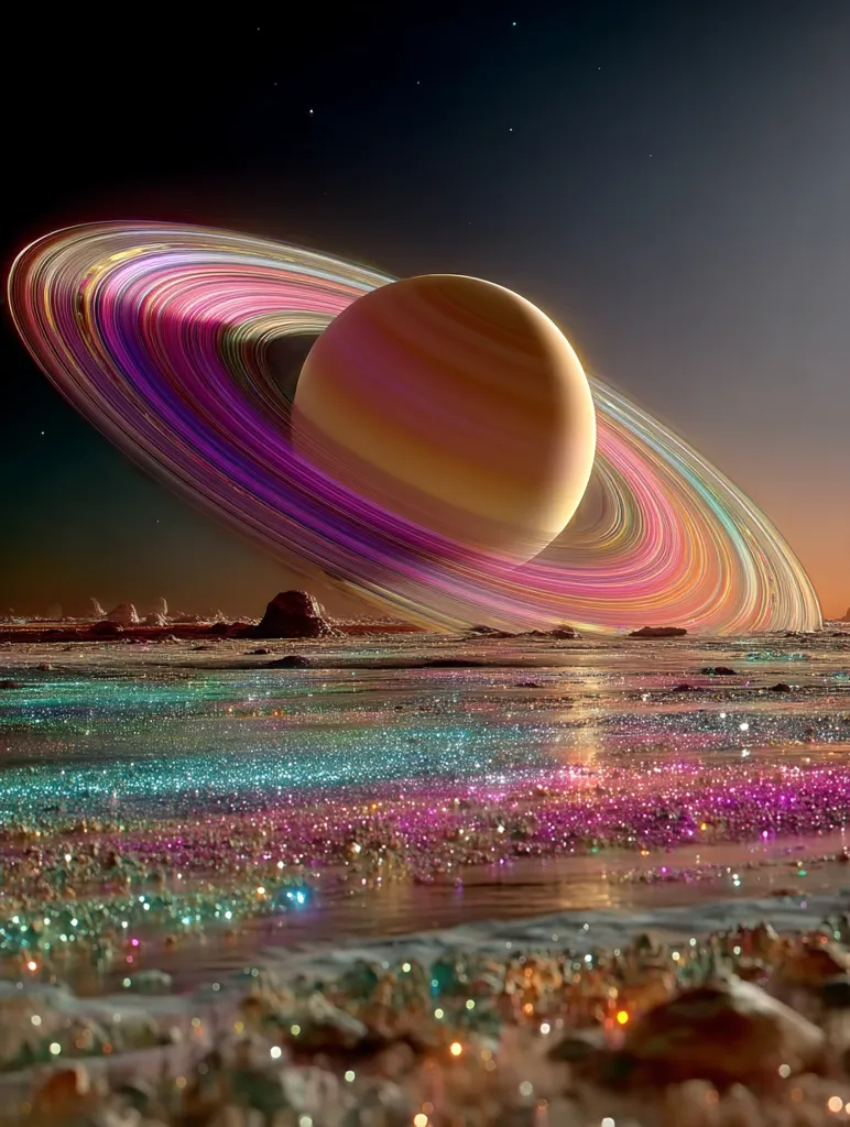 A vibrant, surreal depiction of a planet with a multicolored ring system. The planet, a peachy-orange hue, dominates the scene, its rings a dazzling array of pinks, purples, and teals.  The foreground showcases a glittering, iridescent landscape, resembling a beach strewn with countless sparkling gems, reflecting the celestial scene above.  The overall effect is otherworldly and fantastical.