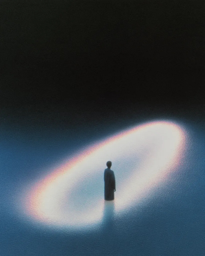 A solitary figure, cloaked in dark attire, stands at the center of an ethereal, oval-shaped luminescence. The glowing halo rests on a muted blue surface, extending against a backdrop of deep, enveloping darkness.  The scene evokes a sense of mystery and isolation, the small figure dwarfed by the vast, luminous space. The overall mood is contemplative and slightly melancholic.