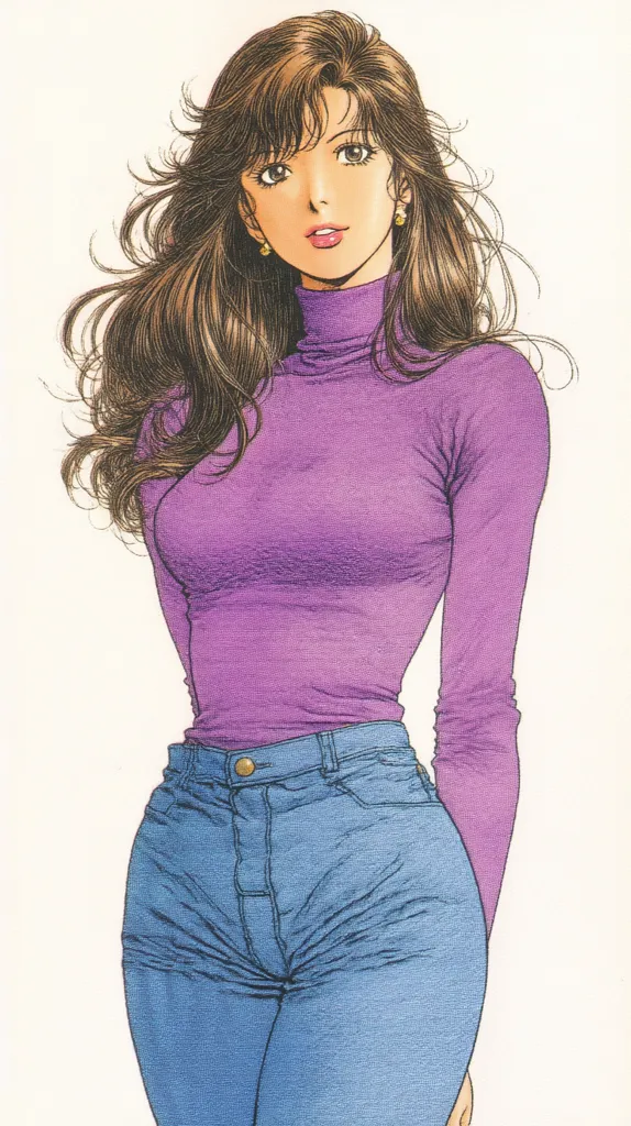 A stylized illustration of a young woman with long brown hair. She is wearing a purple turtleneck sweater and blue jeans. Her pose is relaxed, and her expression is serene. The art style is reminiscent of Japanese manga, with detailed rendering of hair and clothing textures.  The overall tone is soft and slightly nostalgic.