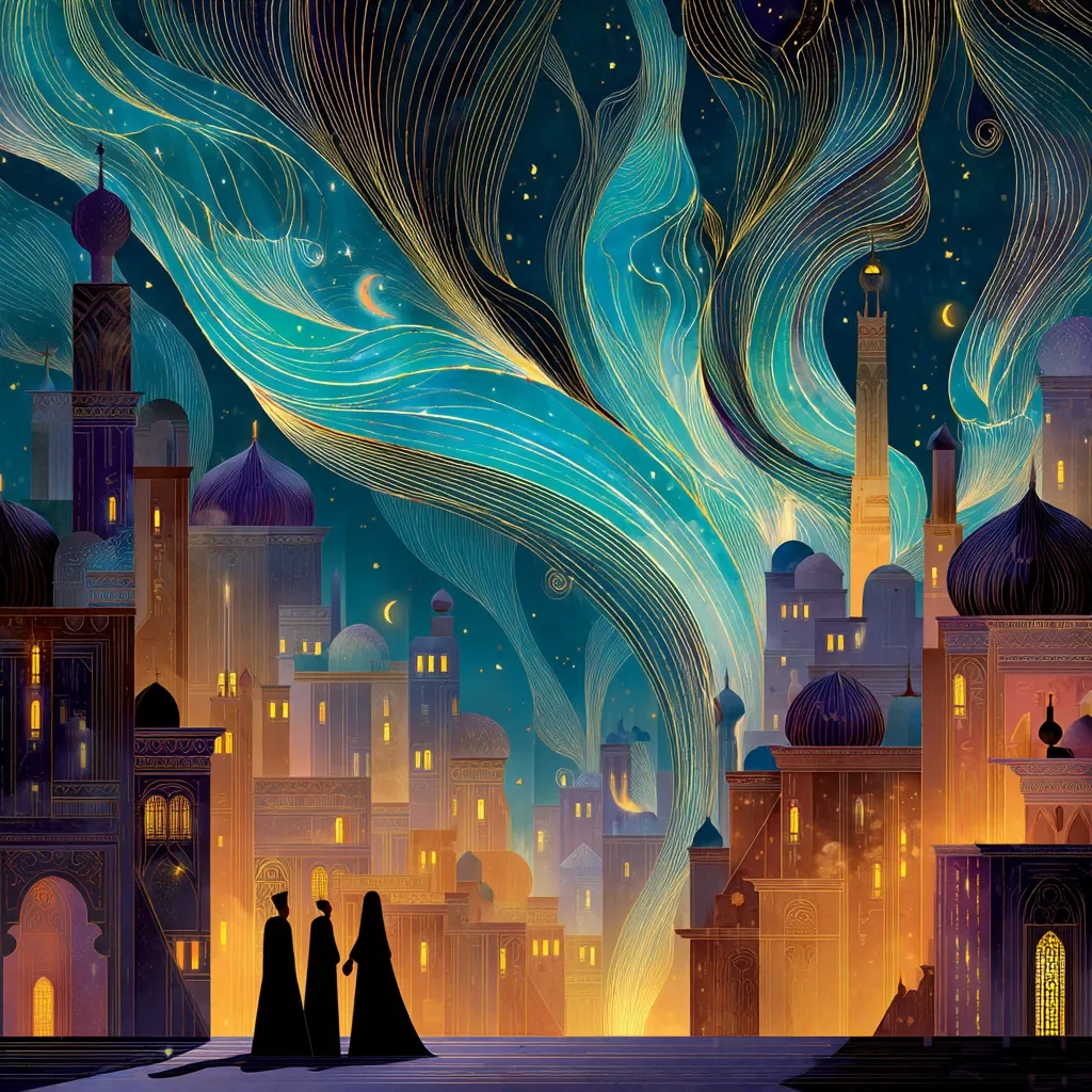 A captivating illustration depicts a fantastical city at night, bathed in warm, golden light.  Intricate, ornate buildings with domes and minarets stretch across the scene.  Above, swirling, luminous teal and gold celestial streams fill the night sky, creating a magical and otherworldly atmosphere. Three silhouetted figures stand in the foreground, adding a sense of mystery and scale to the enchanting urban landscape.