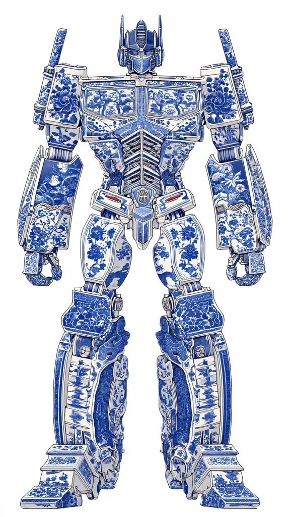 A detailed illustration depicts Optimus Prime, the iconic Transformers leader, reimagined as a piece of exquisite blue and white porcelain.  His body is intricately adorned with traditional Chinese floral patterns and landscape designs, seamlessly merging the robot's mechanical structure with the artistry of classic Chinese ceramics. The image showcases a striking blend of pop culture and traditional art.