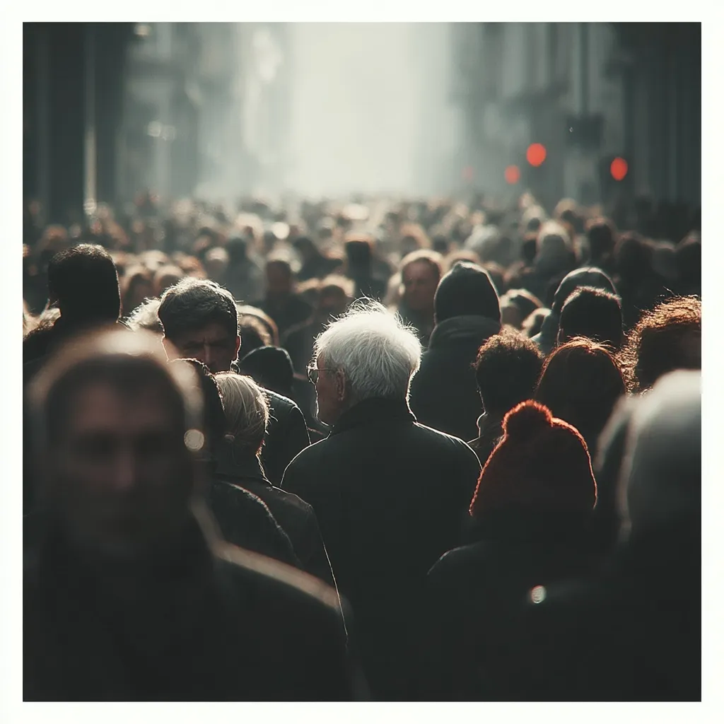 A large crowd of people fills a city street, their backs to the camera.  The scene is slightly hazy, with sunlight illuminating the crowd from behind.  A man with white hair is prominent in the mid-ground, surrounded by a sea of anonymous faces and dark clothing.  The atmosphere is bustling and anonymous, conveying a sense of urban density and anonymity.