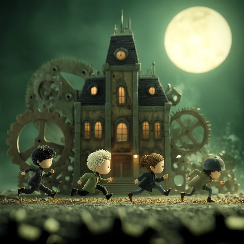 Four stylized children run towards a spooky, gothic-style mansion under a large full moon.  Enormous gears flank the building, adding to the mysterious and whimsical atmosphere.  The children appear to be on a nighttime adventure, their expressions hinting at excitement and perhaps a touch of apprehension. The scene is rendered in a dark, moody palette with detailed textures.