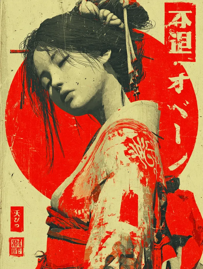 A stylized portrait of a woman in a red kimono, her eyes closed in serene contemplation.  The artwork uses a bold red and beige color palette, with a distressed, textured effect reminiscent of vintage posters.  A large red circle forms a backdrop, and Japanese characters are visible in the corner.  The overall style blends elements of Japanese art with a modern, graphic aesthetic.