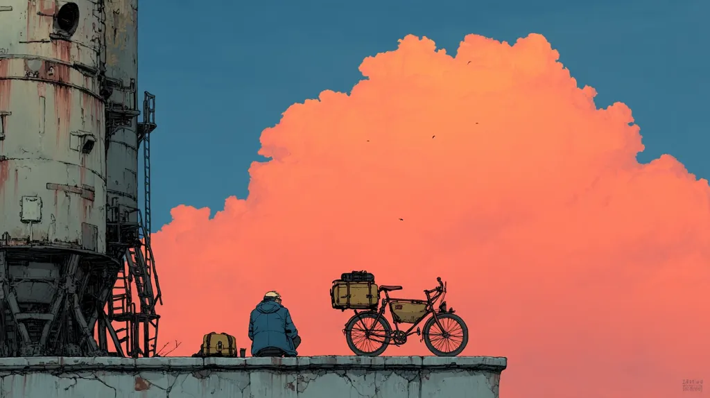 A solitary figure sits on a weathered wall, gazing at a vibrant coral-hued sky.  A bicycle laden with luggage rests beside them, suggesting a journey.  A rusty, industrial tower stands in the background, contrasting with the serenity of the scene. The overall mood is one of quiet contemplation and perhaps departure.