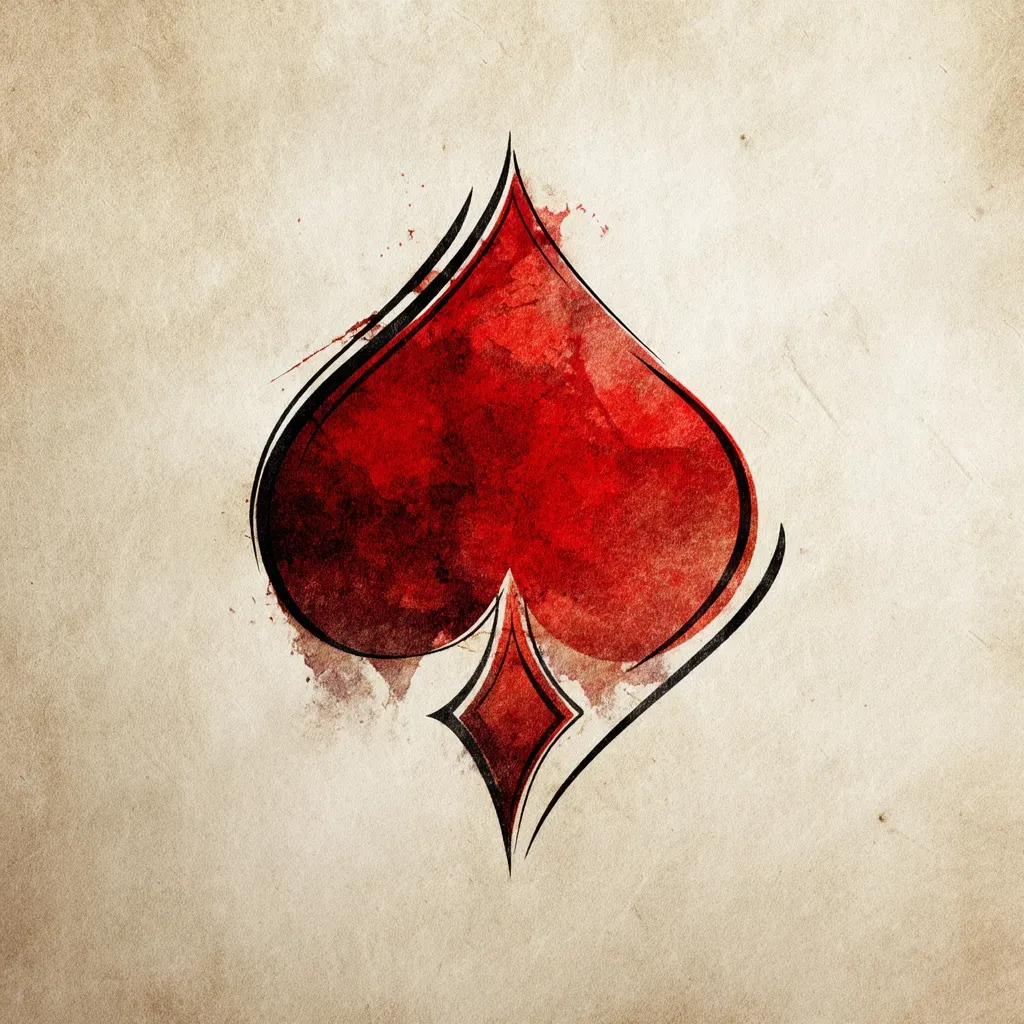 A stylized watercolor painting of a spade playing card dominates the image.  The spade is rendered in deep reds and blacks, with a textured, almost grunge-like effect.  The background is a muted beige, resembling aged parchment or paper, enhancing the artwork's vintage feel.  The bold lines and vibrant red contrast sharply against the subtle background. The overall impression is one of artistic expression and a touch of mystery.
