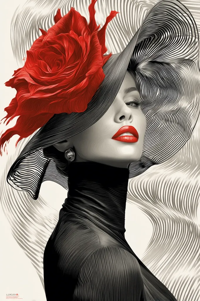 A stylized portrait of a woman wearing a large, black hat adorned with a vibrant red rose.  The image is predominantly monochrome, with the rose and lips providing splashes of red.  The hat's design is intricate, featuring flowing lines that create a sense of movement. The woman's expression is confident and alluring, her gaze directed slightly away from the viewer. The background features swirling lines, adding to the artistic and dramatic effect.