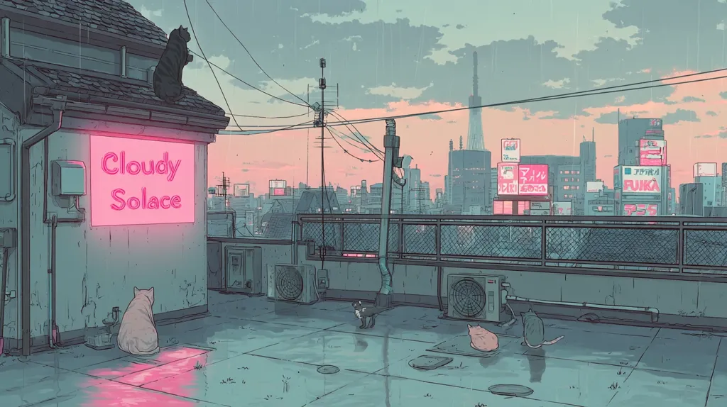 A digital illustration depicts a rainy cityscape viewed from a rooftop.  Several cats are scattered across the wet rooftop, observing the urban panorama.  A neon pink sign reading "Cloudy Solace" is prominently displayed on a building. The style is reminiscent of anime, with soft pastel colors and a melancholic atmosphere.  The city skyline, featuring futuristic buildings and vibrant signage, adds a contrast to the calm scene on the rooftop.