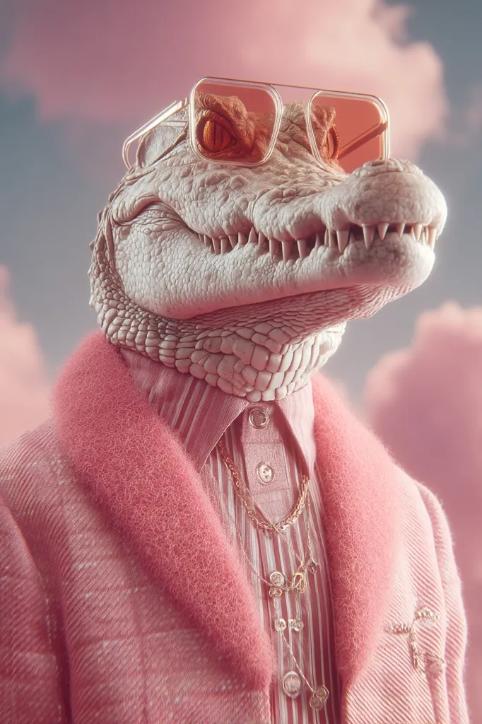 A stylized image depicts a crocodile wearing pink clothing.  The crocodile sports square sunglasses and a pink, fuzzy-collared coat over a striped pink shirt. Gold necklaces adorn its neck.  The background is a soft, pastel pink and blue, reminiscent of a dreamy sky. The overall aesthetic is surreal and fashionable.