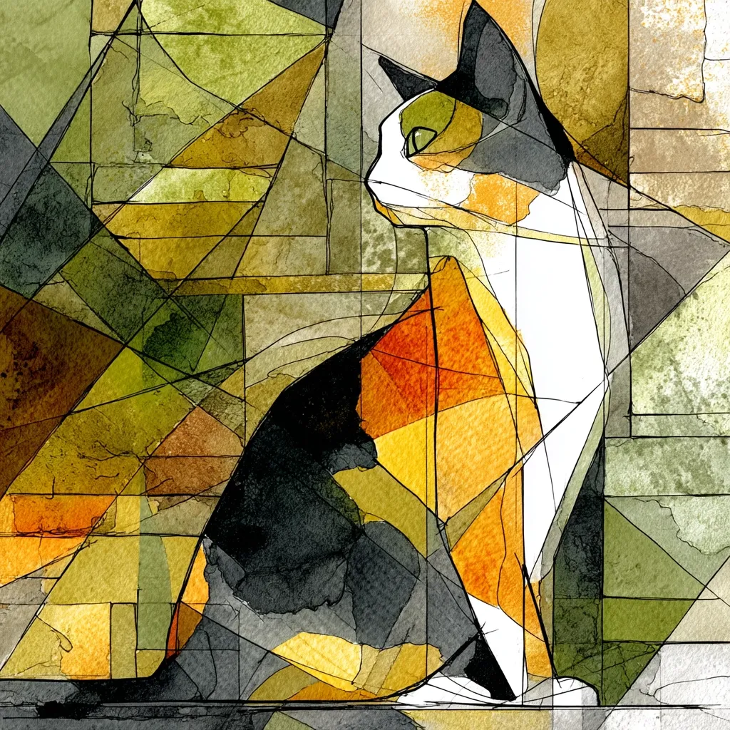 A stylized watercolor painting of a calico cat. The artwork utilizes a geometric, Cubist approach, breaking the cat's form into fragmented shapes and colors.  Warm oranges and yellows contrast with cool greens and grays, creating a vibrant and abstract representation of the feline subject.  Black ink outlines define the cat's shape within the geometric framework.