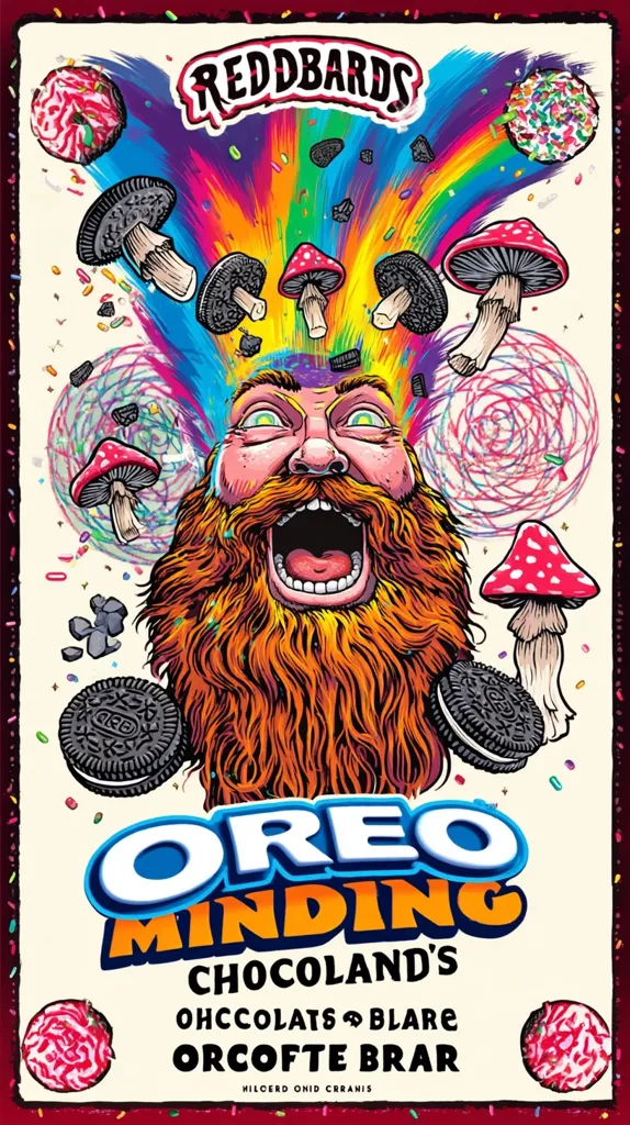 A vibrant illustration depicts a bearded man with a rainbow-colored explosion of Oreos, mushrooms, and sprinkles erupting from his head.  The words "OREO MINDING" are prominently displayed, along with smaller text suggesting a chocolate-themed collaboration.  The overall style is psychedelic and playful, likely for a limited-edition or promotional piece.