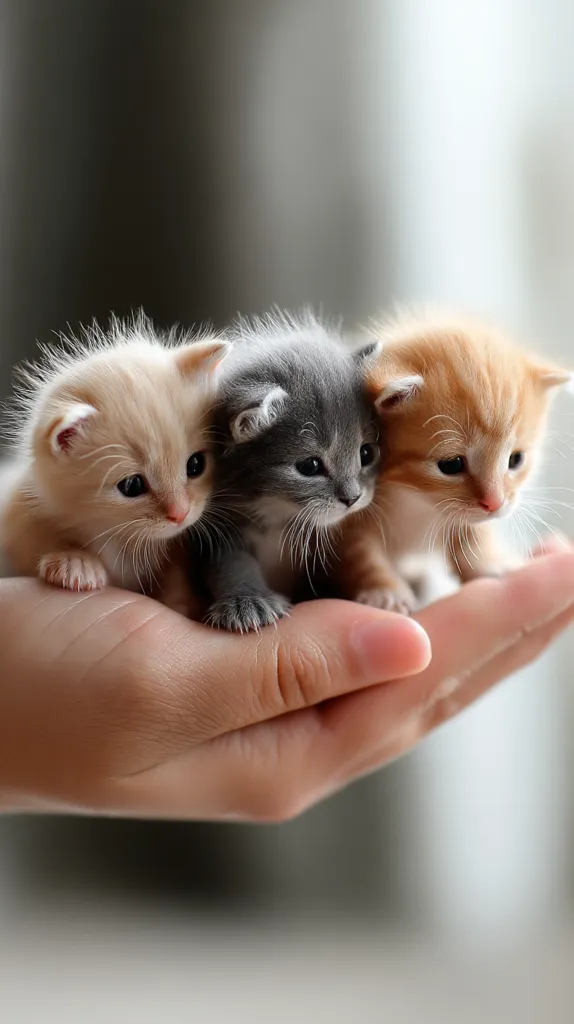 Three adorable kittens, one cream, one gray, and one orange, huddle together in a person's outstretched hand.  Their tiny paws and sweet faces are clearly visible. The kittens appear to be very young and fluffy. The background is softly blurred, focusing attention on the endearing trio.