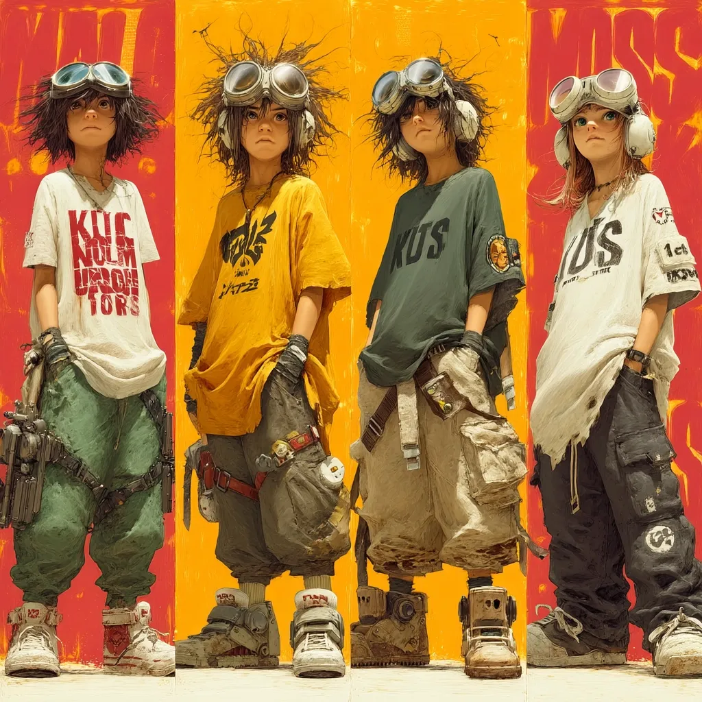 Four stylized children, each wearing goggles and unique clothing, stand against a vibrant red and yellow backdrop.  Their attire blends futuristic and post-apocalyptic elements, with cargo pants, bulky boots, and graphic tees.  They exude a rebellious, youthful energy, their expressions hinting at a shared adventure or mission. The artwork’s style is bold and dynamic, showcasing detailed textures and a unique color palette.