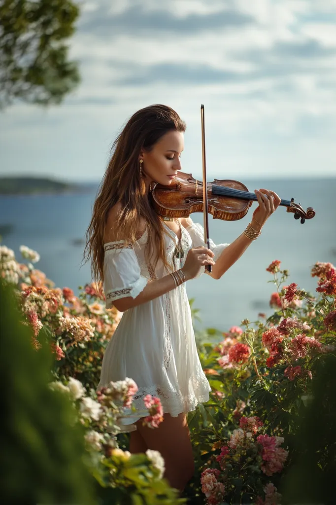 A woman in a white dress stands amidst a vibrant rose garden, overlooking a tranquil sea.  She gracefully plays a violin, her long brown hair cascading down her shoulders. The sunlit scene evokes a sense of peace and serenity, highlighting the beauty of nature and the artistry of music.  The overall mood is romantic and dreamy.