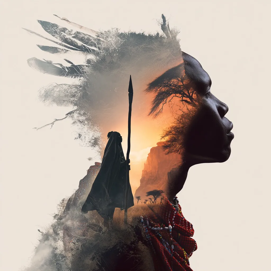 A double exposure image portrays a profile of a person's face, overlaid with a silhouette of an African warrior holding a spear against a vibrant sunset landscape.  The warrior stands in a savanna setting, conveying a sense of heritage and ancestral connection. The image blends the individual with their cultural roots, creating a powerful visual narrative.  Feathers adorn the top of the head, further emphasizing the spiritual or tribal aspect.