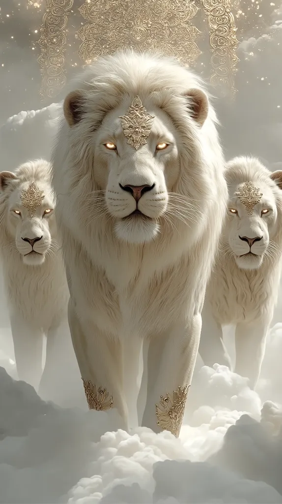 Three majestic white lions, adorned with golden embellishments, stride through a ethereal cloudscape.  The central lion, larger and more prominent, commands attention.  An ornate, golden mandala-like design floats above them, adding to the image's mystical and regal atmosphere. The lions' glowing eyes intensify their serene yet powerful presence.