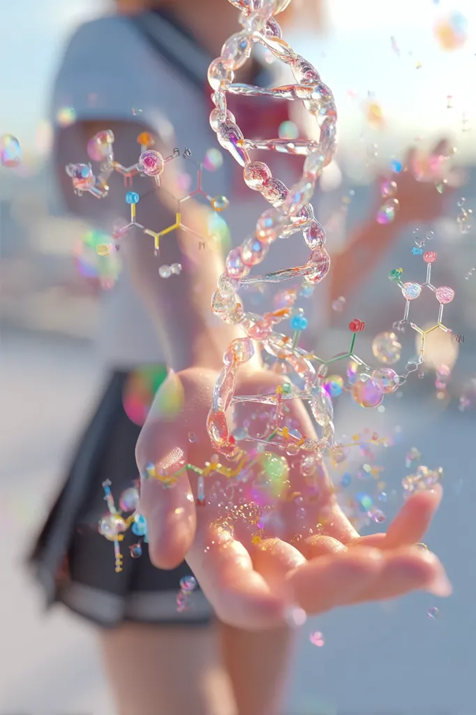 A stylized image depicts a hand gently cupping a translucent DNA helix.  The helix is iridescent, with smaller, colorful molecular structures floating around it.  The background is blurred, showing a person in a school uniform, suggesting a concept relating to genetics, science, or the beauty of biological processes.  The overall mood is ethereal and dreamy.