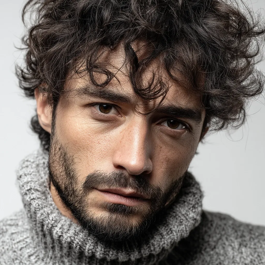 Close-up portrait of a man with dark, curly hair and a beard. He's wearing a grey turtleneck sweater.  His expression is serious and intense, his brown eyes captivating. The image is sharply focused, highlighting his facial features and textured hair. The neutral background emphasizes the subject.