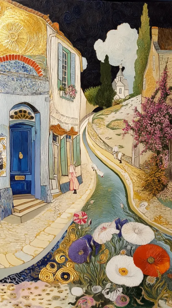 A vibrant painting depicts a quaint village scene. A narrow canal meanders through a cobblestone street lined with charming houses, one featuring a striking blue door.  A small figure in pink stands near the house.  A church spire is visible in the distance, and flowering plants add splashes of color. The style suggests a blend of Post-Impressionism and Art Nouveau, with rich textures and swirling gold accents.  The overall mood is peaceful and dreamlike.