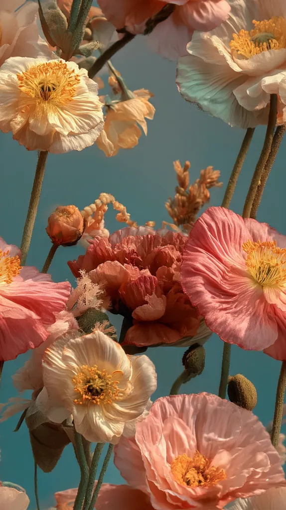 A close-up shot reveals a vibrant bouquet of poppies and other delicate blooms against a serene teal backdrop.  Peach, coral, and creamy yellow petals showcase varying textures and stages of bloom.  The stems and buds add depth, creating a visually appealing arrangement with soft, natural light highlighting the flowers' intricate details.  The overall aesthetic is calm and elegant, suggesting a tranquil garden setting.