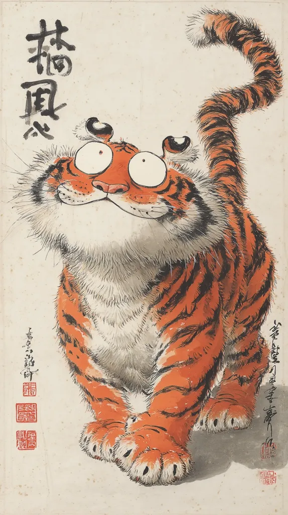 A whimsical Asian-style painting depicts a cartoonish tiger. The tiger possesses exaggerated features, including large, wide eyes and a broad, upturned grin. Its orange and black stripes are rendered with loose brushstrokes, giving it a playful, almost childlike quality.  The tiger's tail curls elegantly upward, adding to its lighthearted demeanor. Chinese characters are visible on the painting's side.