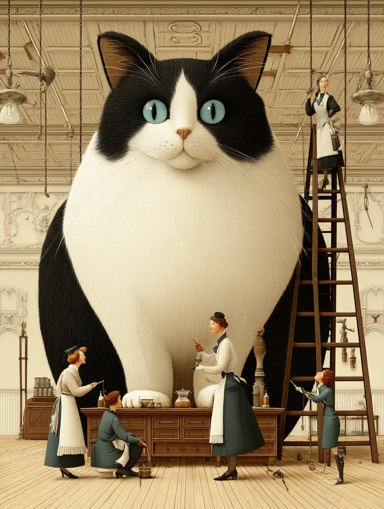 A colossal tuxedo cat dominates a vintage-style room.  Four women in period attire attend to the feline giant; two meticulously groom its paws at a large wooden dresser, while another repairs a ceiling fixture on a ladder.  A young girl observes near the tools, creating a whimsical scene blending realism with fantasy.  The image exudes a sense of quiet industry and gentle care.