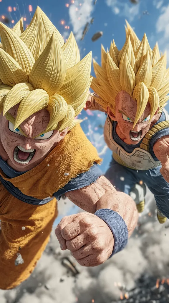 A dynamic close-up depicts two intensely focused anime characters mid-flight, fists clenched.  One, with a tattered orange gi, is prominently featured, his face contorted in a fierce expression.  The other, in a blue and white battle suit, is partially visible behind him, mirroring his aggressive posture.  Explosions and debris swirl in the background, indicating a high-stakes battle. The image is rendered in a highly realistic style, emphasizing the characters' muscular physiques and textured clothing.