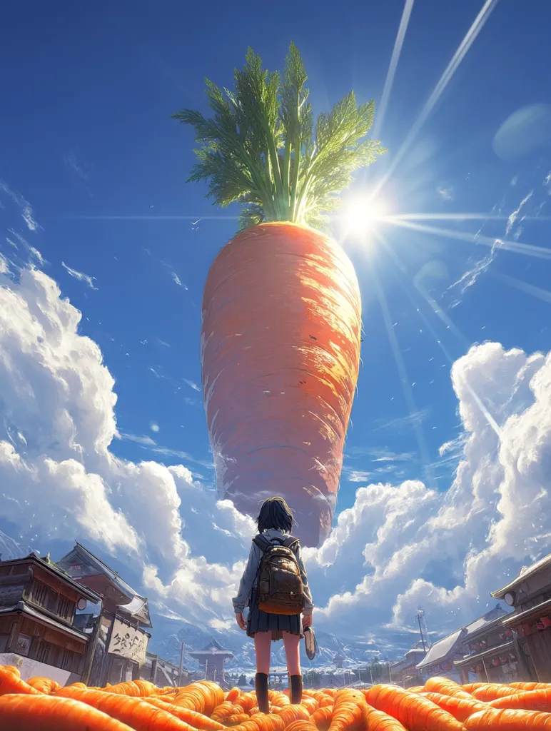 A young girl with a backpack stands amidst a vast field of carrots, gazing up at an impossibly large carrot towering in the sky under a bright sun.  The scene is surreal, blending elements of anime style with a fantastical landscape.  Traditional Japanese-style buildings are visible in the background, adding to the whimsical and dreamlike atmosphere.