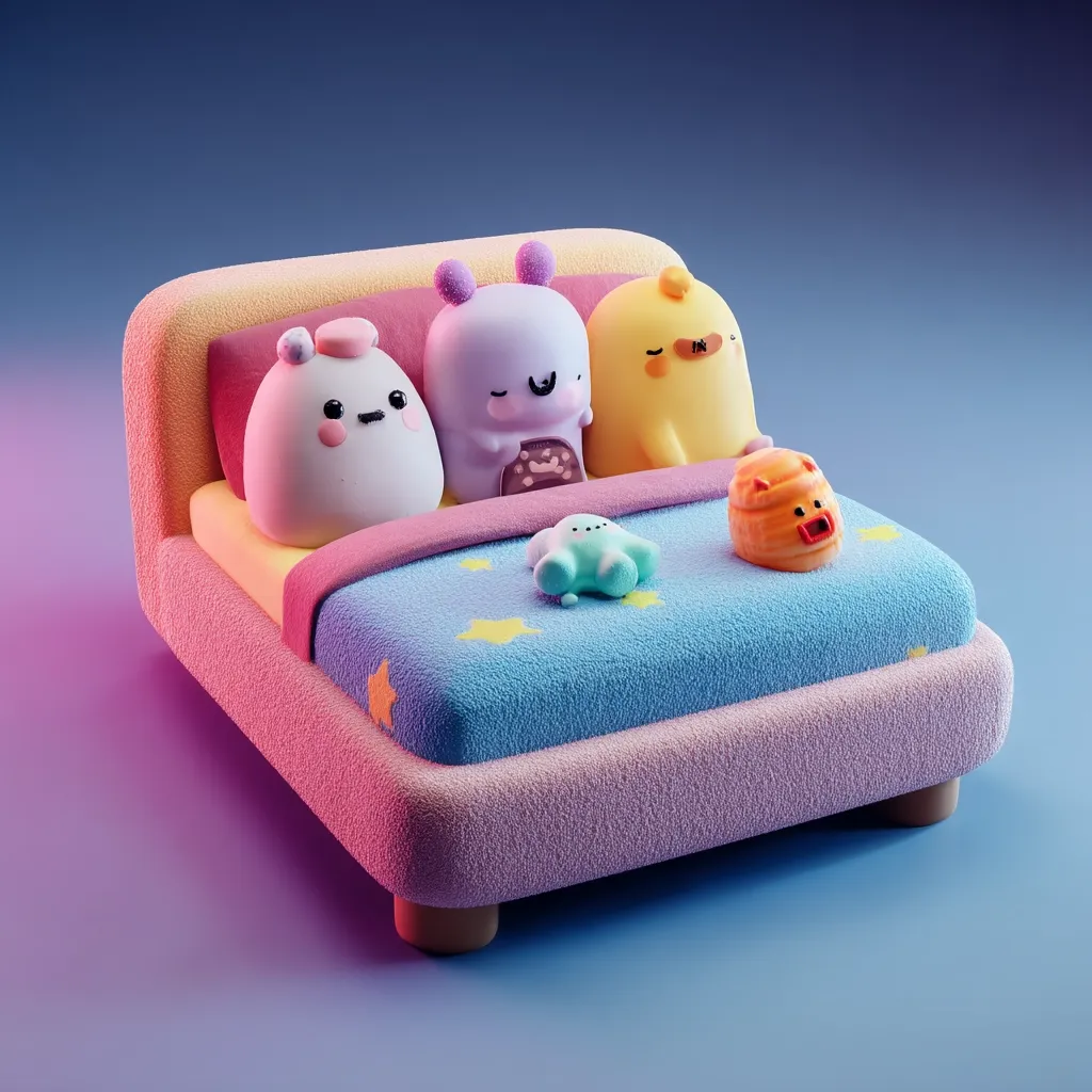 A miniature bed, textured like plush fabric, holds three adorable cartoon creatures nestled under a pastel blue blanket adorned with stars.  A small orange creature and a teal starfish-like toy rest on the bed.  The scene is bathed in soft, purple and pink lighting, creating a whimsical and calming atmosphere.  The overall aesthetic is cute and playful.
