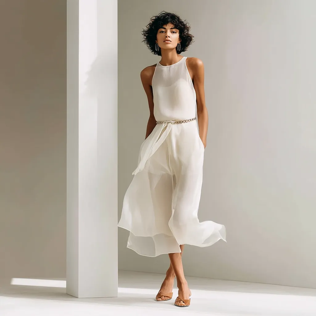 A model with short, curly brown hair wears a flowing, off-white midi dress.  The sleeveless dress features a high neckline, a belted waist with a gold chain, and a slightly A-line silhouette.  The fabric appears lightweight and sheer. She completes the look with light brown heeled sandals, posing against a minimalist white backdrop.