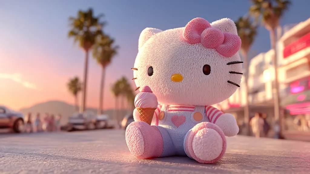 A fluffy Hello Kitty plush sits on a sidewalk, holding an ice cream cone.  The setting is a sun-drenched seaside town at sunset, with palm trees and blurred figures of people in the background.  The scene is soft and dreamy, evoking a feeling of summer vacation. Hello Kitty is dressed in light blue overalls with pink accents.