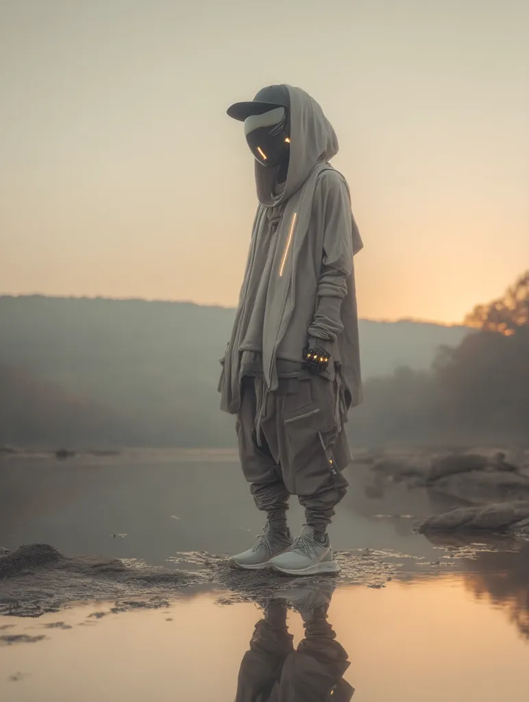 A futuristic figure, cloaked in a grey hooded garment and a helmet-like mask with glowing accents, stands alone by a tranquil body of water at sunset.  The attire blends futuristic elements with a loose, flowing style. The individual's reflection is mirrored in the calm water, enhancing the serene yet enigmatic atmosphere. The overall scene evokes a sense of mystery and quiet contemplation.