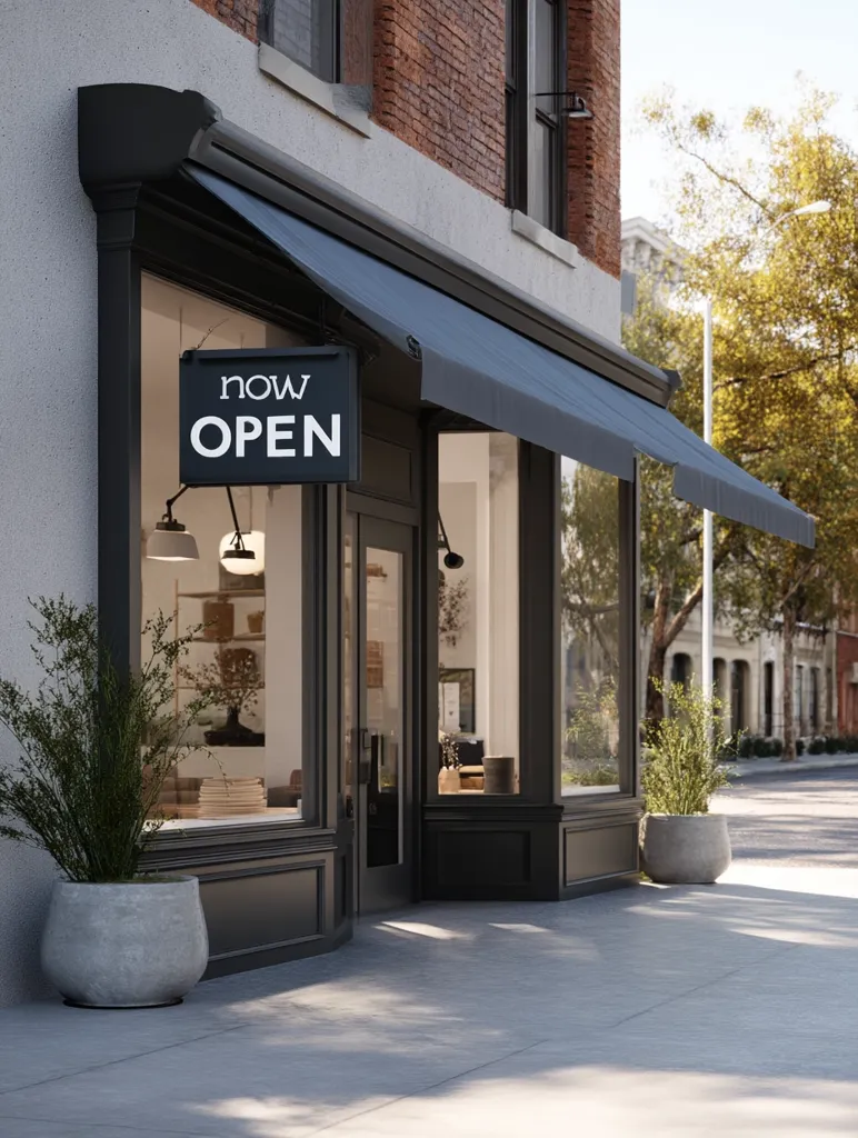 A stylish storefront with a dark gray awning displays a "Now Open" sign.  Large windows showcase the interior, which appears modern and minimalist.  Planters flank the entrance, adding a touch of greenery. The building is brick, and the overall aesthetic is clean and contemporary, suggesting a high-end boutique or café.  Sunlight casts shadows on the pavement, enhancing the scene's ambiance.