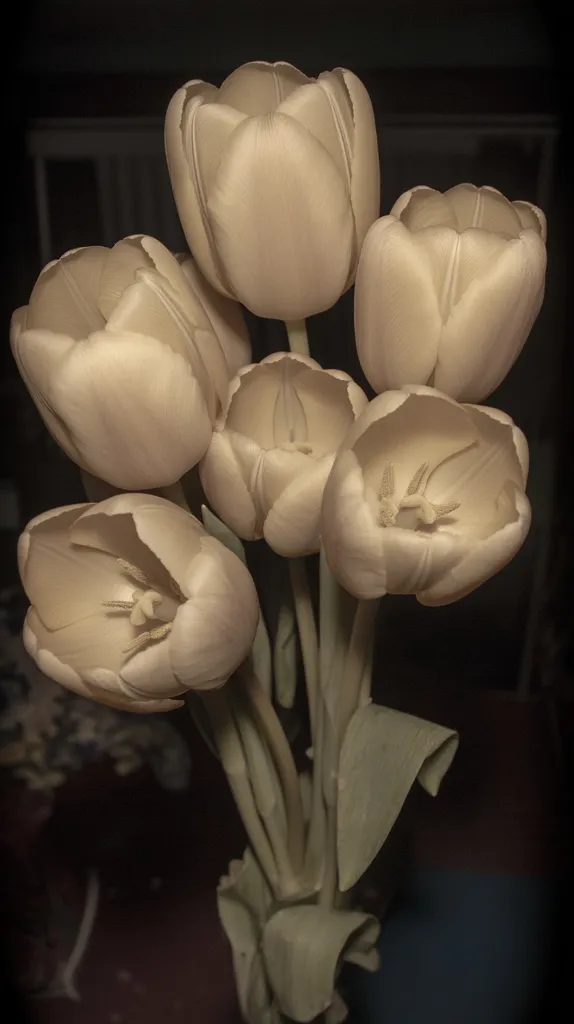 A close-up shot captures a bouquet of six creamy-beige tulips, their petals softly illuminated.  The tulips are tightly clustered, their stems intertwined, creating a visually appealing arrangement.  The background is dark and out of focus, emphasizing the delicate beauty of the flowers and their subtle, muted tones. The image has a slightly sepia-toned, almost antique feel.
