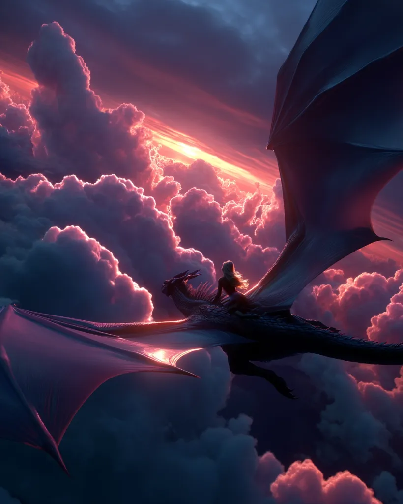 A woman with long blonde hair sits atop a large, majestic dragon as they soar through a breathtaking sunset sky.  Pink and purple clouds fill the vast expanse, creating a dramatic and ethereal scene. The dragon's wings are spread wide, catching the light, and the overall mood is one of fantasy and adventure.