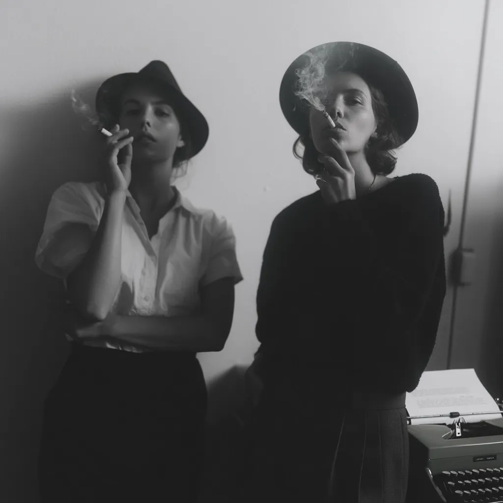 A black and white photograph depicts two women, each wearing a fedora hat, smoking cigarettes.  They stand against a light-colored wall, one in a white shirt and dark trousers, the other in a dark sweater and trousers. A vintage typewriter sits on a surface behind them, suggesting a setting of creative writing or intellectual work. The image has a classic, film noir aesthetic.