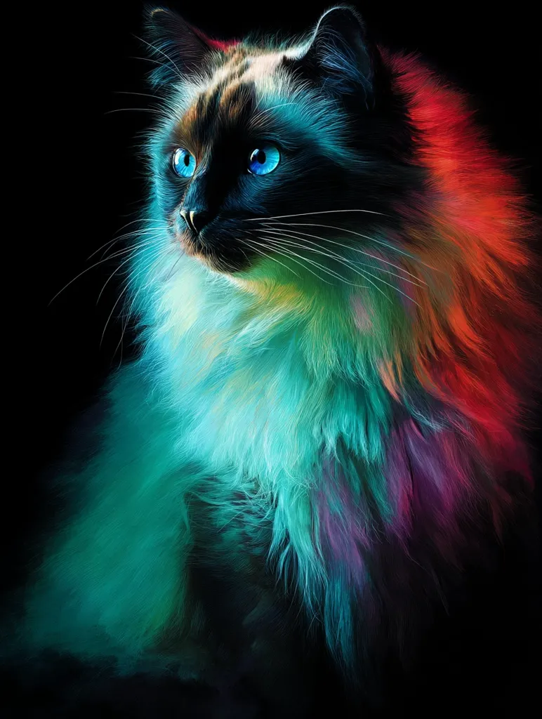 A long-haired cat, possibly a Balinese or Himalayan breed, is depicted in a vibrant, stylized painting. Its fur is rendered in iridescent shades of teal, purple, and red, contrasting with its dark face and piercing blue eyes.  The cat's pose is serene, its gaze directed slightly away from the viewer, creating a mystical and captivating image. The dark background enhances the fur's luminous quality.