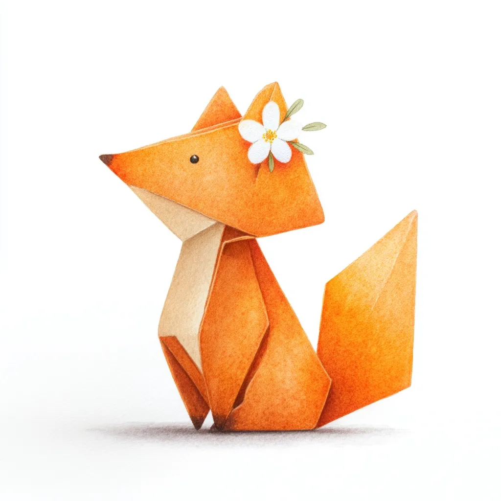 An illustration of an origami fox, rendered in warm orange hues with delicate shading.  The fox is sitting, its body composed of clean, geometric folds. A small white flower with green leaves adorns its head, adding a touch of whimsy to the otherwise simple design. The style is reminiscent of children's book illustrations, conveying a sense of gentleness and charm.