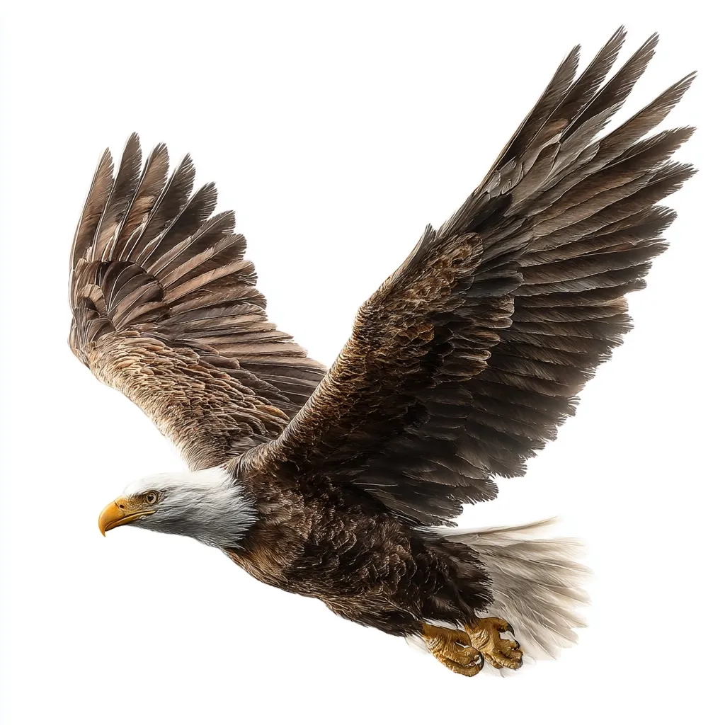 A majestic bald eagle is captured in mid-flight against a stark white background.  Its wings are fully extended, showcasing the intricate detail of its feathers.  The eagle's head is turned slightly, revealing its characteristic white head and sharp gaze.  The brown and white plumage is rendered with remarkable realism, emphasizing the power and beauty of this iconic bird of prey.