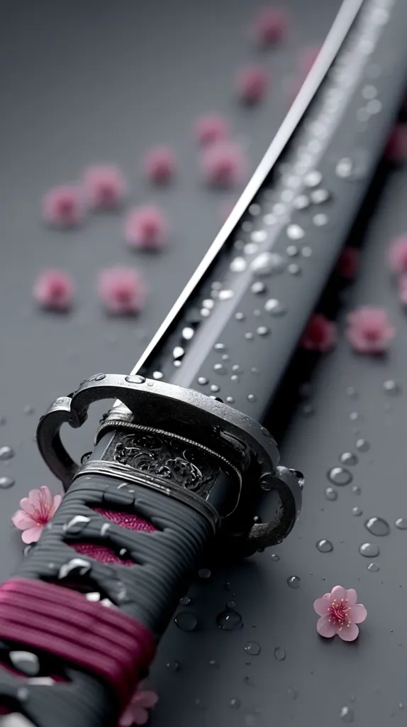 A close-up shot reveals a katana, its dark blade adorned with water droplets.  Intricate metalwork graces the tsuka (handle), wrapped in deep burgundy cord.  Scattered around the sword are delicate pink blossoms, creating a striking contrast between the weapon's sleekness and the flowers' fragility.  The overall tone is dark and moody, emphasizing the sword's beauty and detail.