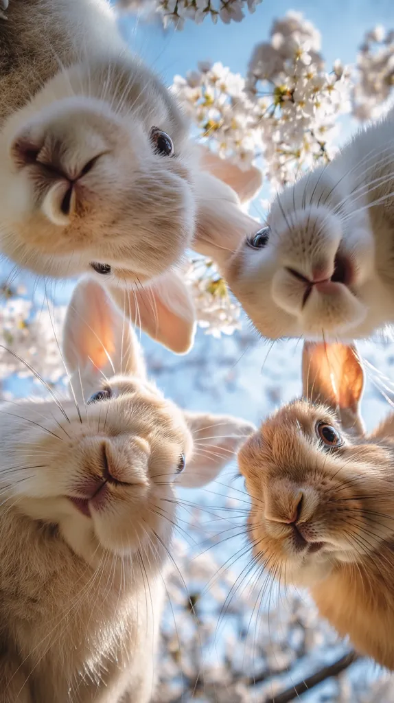 Four adorable rabbits, in varying shades of white and light brown, look directly up at the camera from a low angle.  Their faces are close to the lens, creating a playful and intimate perspective.  The background features a soft focus of blooming cherry blossoms under a bright blue sky.  The image is cheerful and captures the bunnies' charming expressions.