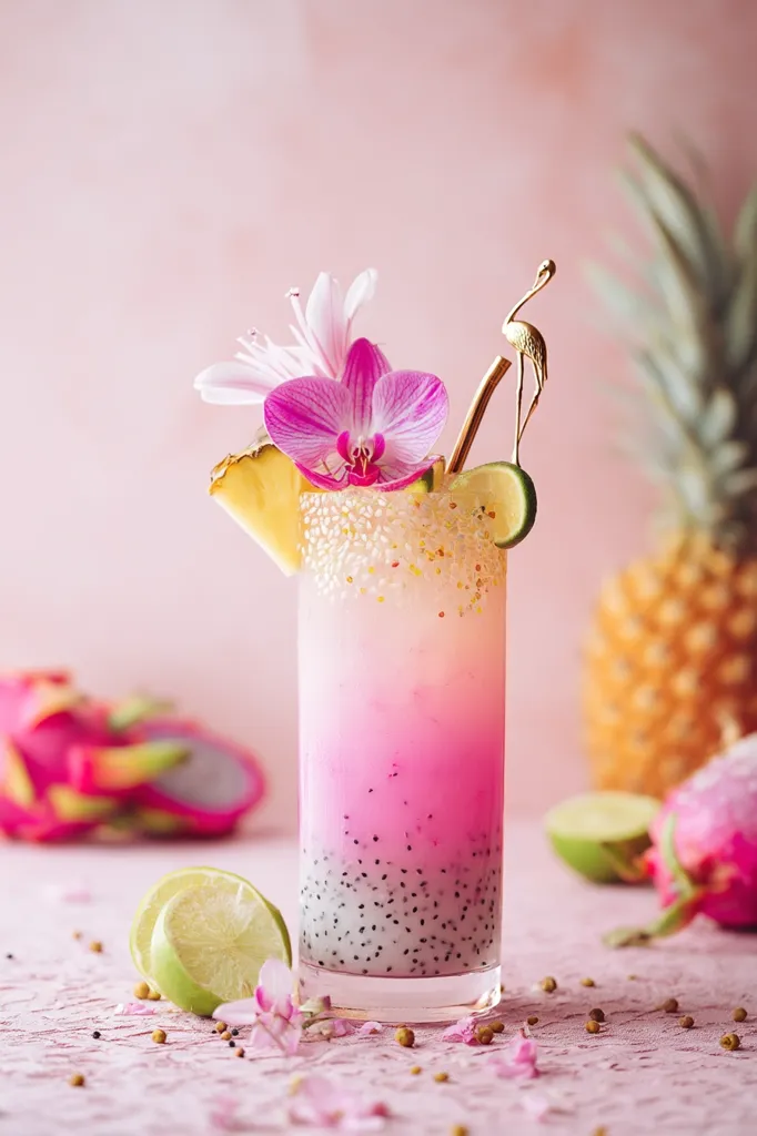 A vibrant pink and white layered drink is garnished with pink orchids, pineapple, lime, and a gold flamingo straw.  The drink sits in a tall glass, showcasing a visually appealing ombre effect.  Chia seeds are visible at the bottom.  Dragon fruit and a whole pineapple are blurred in the background, enhancing the tropical theme. The scene is set against a soft pink backdrop.