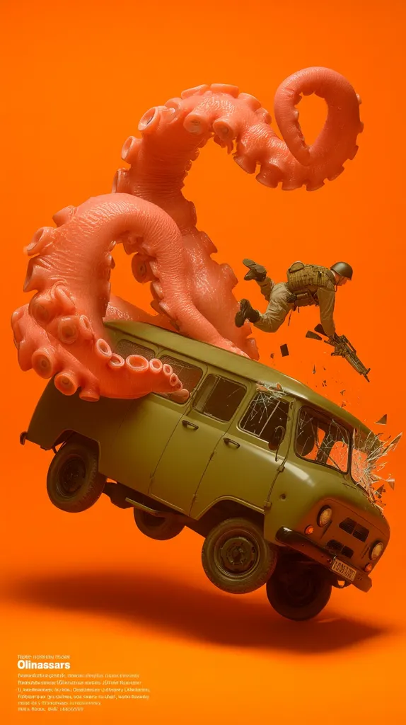 A vibrant orange backdrop showcases a surreal scene. A large, fleshy pink octopus tentacle attacks a military green van, flipping it mid-air.  A soldier, airborne and firing a weapon, seems to be battling the monstrous tentacle. The scene is dynamic, contrasting the organic form of the octopus with the hard lines of the vehicle and soldier, creating a striking visual narrative.