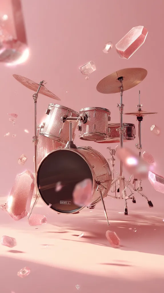 A rose gold drum set is depicted against a pale pink background.  Rose quartz crystals float around the drums, adding a dreamy, ethereal quality. The image is stylized and visually appealing, suggesting a feminine and luxurious aesthetic. The drums are meticulously detailed, showcasing a sparkling, metallic finish. The overall composition is clean and visually striking.